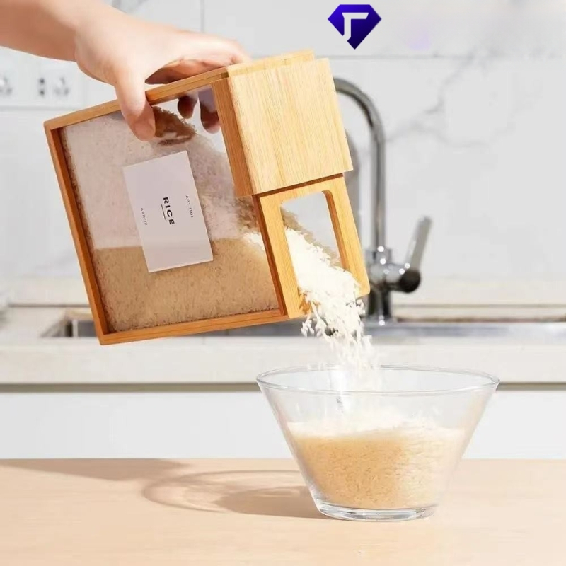 Piiriülene uue toote majapidamises kasutatav bambusest ja puidust libistatav teravilja hoiukast puidust toidu hoiukast puidust toidudosaator