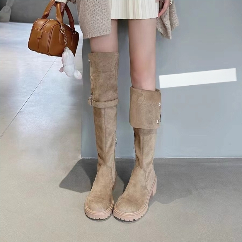 Retro barna kétirányú western csizma 2023 ősz és tél Új Magassarkú csizma vastag sarkú térdig érő csizma övcsatos lovagcsizma