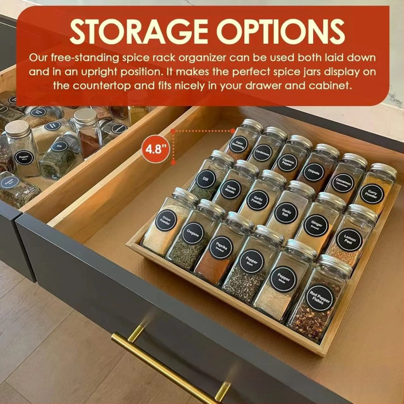 Bambusz lépcsős fűszertároló állvány, konyhapult, többrétegű fűszertároló állvány, tömörfa palack- és üvegkiállító állvány