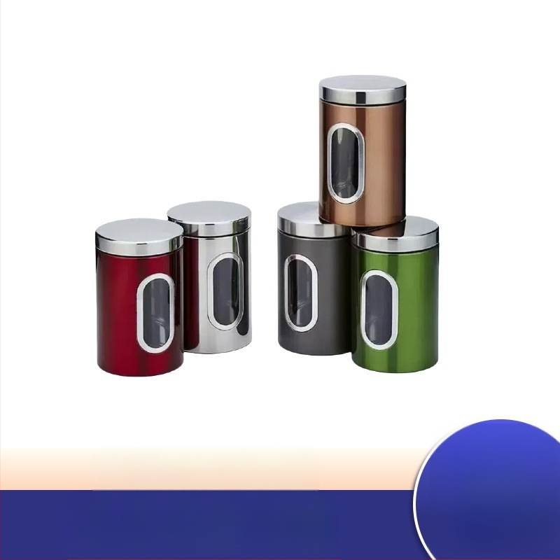 Küljeaknaga roostevabast terasest säilituspurk, kohviubade ja teraviljapurk, suhkrukuubikute ja suupistete säilituspurk, teepähklite ja suletud purk