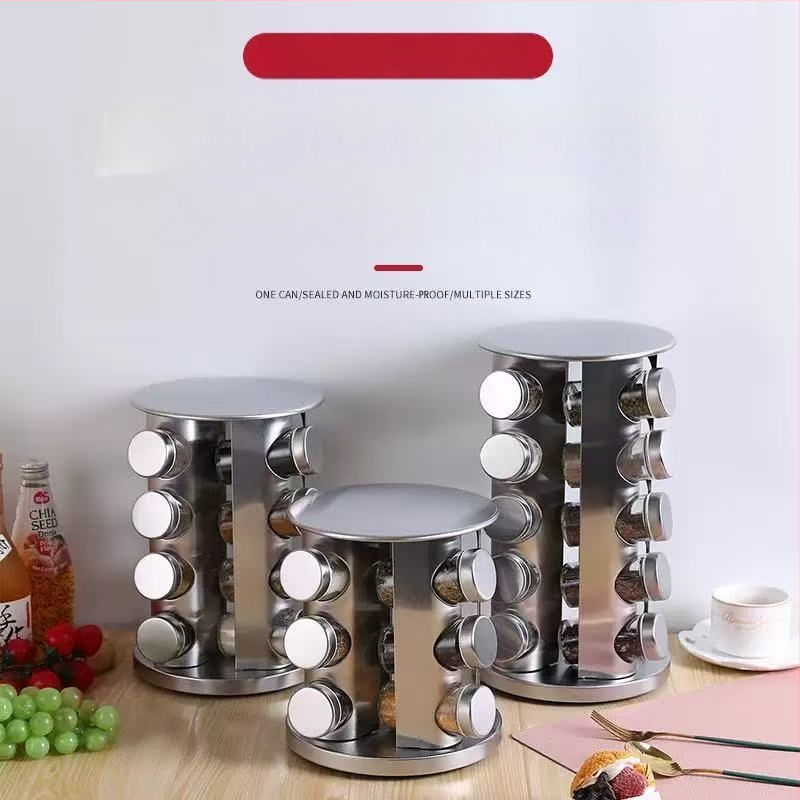 360 laipsnių besisukantis nerūdijančio plieno prieskonių butelių laikiklis, virtuvės prieskonių stiklainių laikymo stovas, druskos, cukraus, pipirų laikymo stovas