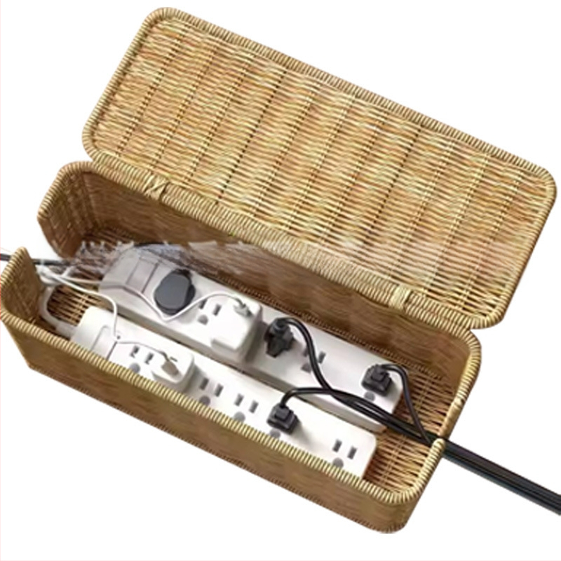 Guangzhou gyártó irodai íróasztal kábeltároló doboz utánzat rattan szőtt aljzat szalag doboz adatkábel rejtett tárolódoboz