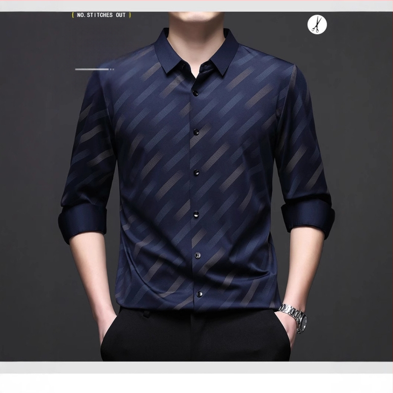 Varrás nélküli csíkos férfi ing, hosszú ujjú, új tavaszi és őszi üzleti lezser, drapé, vasalás nélküli ing, érett stílusú férfi ruházat