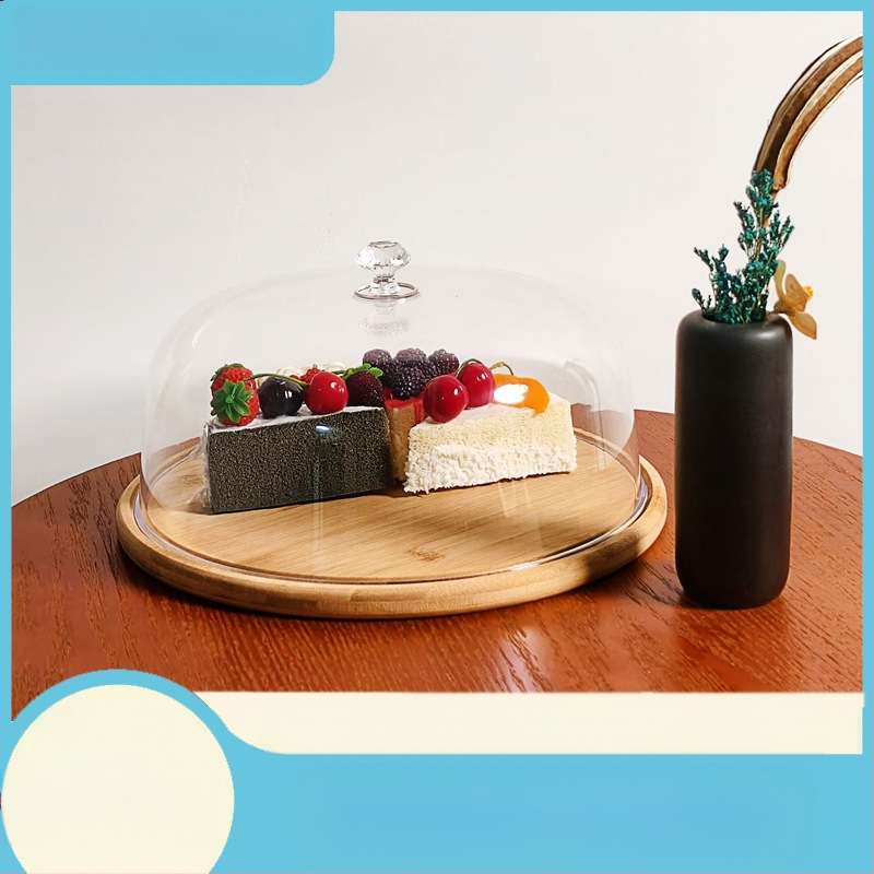 Kūrybinė torto lėkštė Dim Sum padėklas Paprastas permatomas akrilinis dangtelis Deserto stalas Torto vaisių lėkštė Rodyti lėkštę Bambukas
