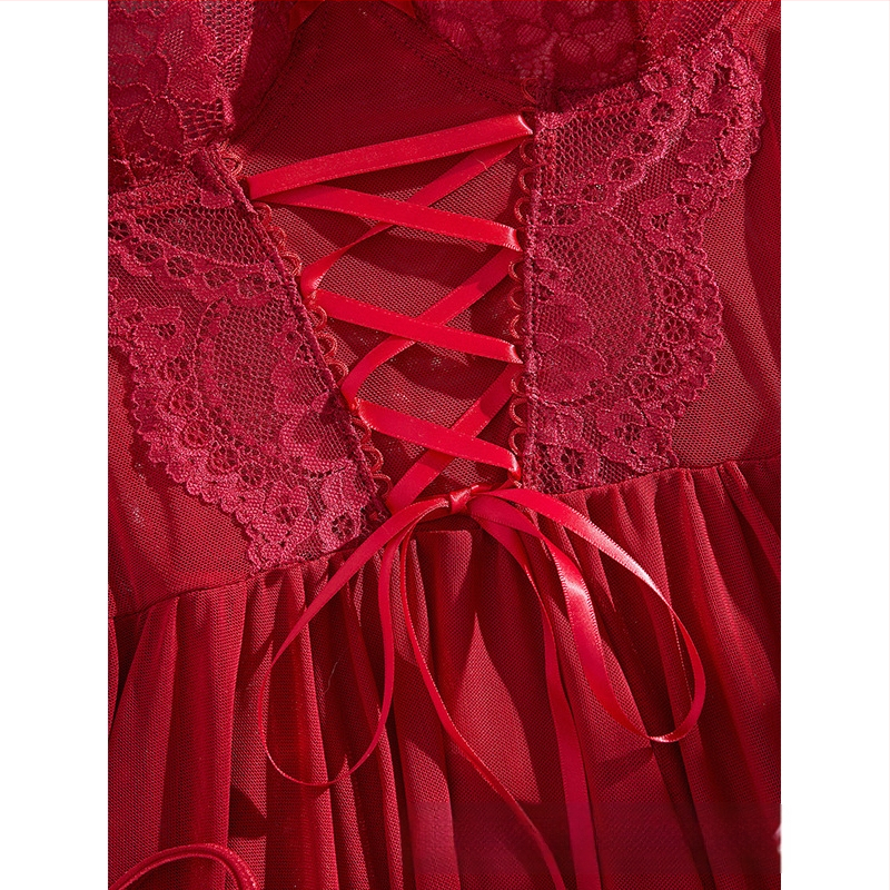 Европейски и американски трансграничен нов дамски секси пижама чистоцветна вратовръзка дантела нощница от две части 25015