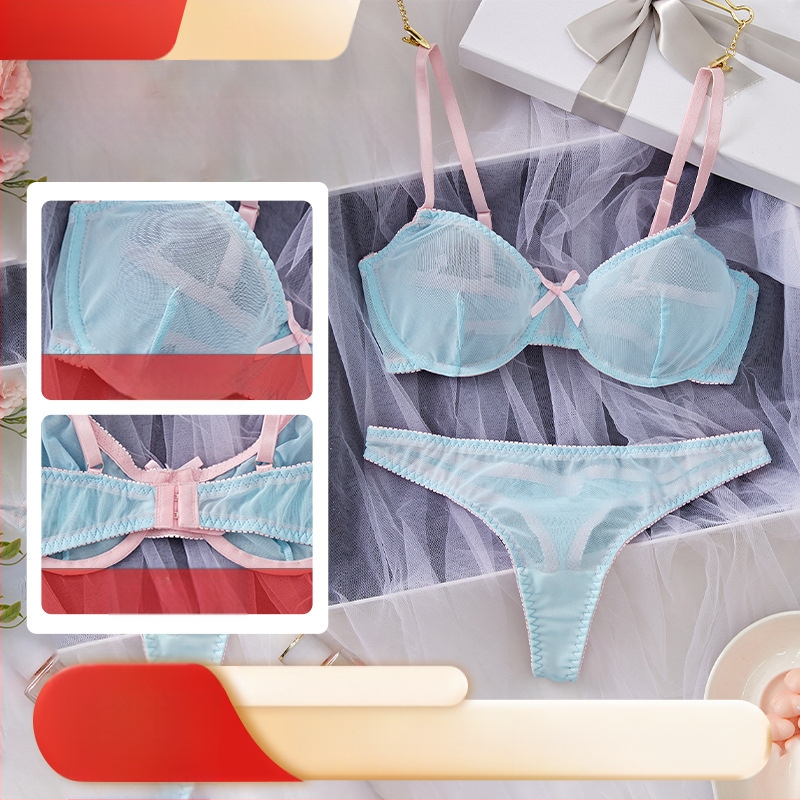 Euroopa ja Ameerika piiriülese võrgusilmaga sinine õhuke õlarihmaga disain poolläbipaistev seksikas õhuke pitsiline aluspesu komplekt hulgimüük