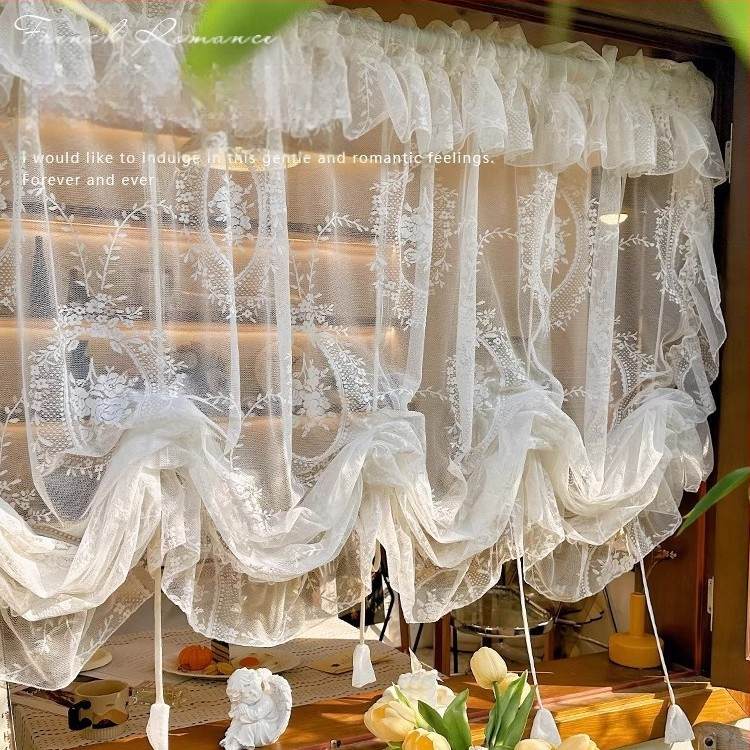 Balta prancūziška romantiška raukta romėniška raišteliu užtraukiama užuolaida virtuvės pertvara pusu užuolaida marlės užuolaida vandens bangos užuolaida sprogimo užuolaida