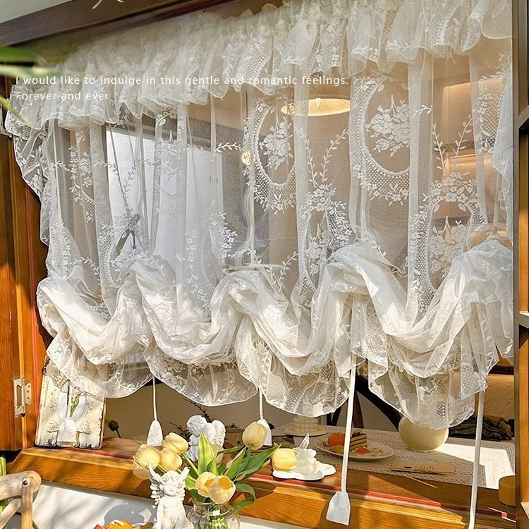 Balta prancūziška romantiška raukta romėniška raišteliu užtraukiama užuolaida virtuvės pertvara pusu užuolaida marlės užuolaida vandens bangos užuolaida sprogimo užuolaida