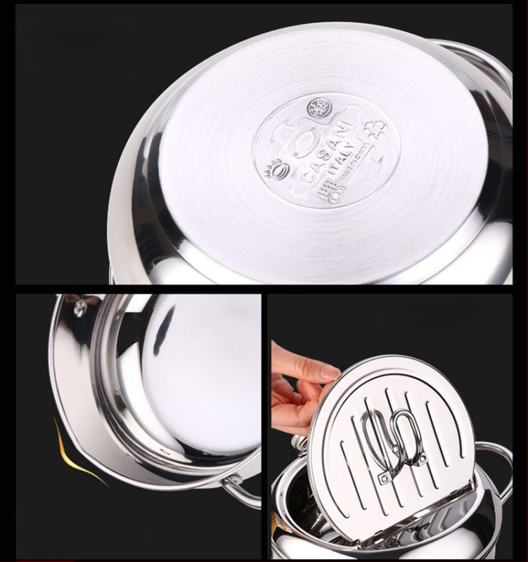 Nerūdijančio plieno gruzdintuvė su dangčiu ir termometru, tempura gruzdintuvė, buitinė, su aliejaus filtro laikikliu, aliejaus puodas, tiesioginis pristatymas