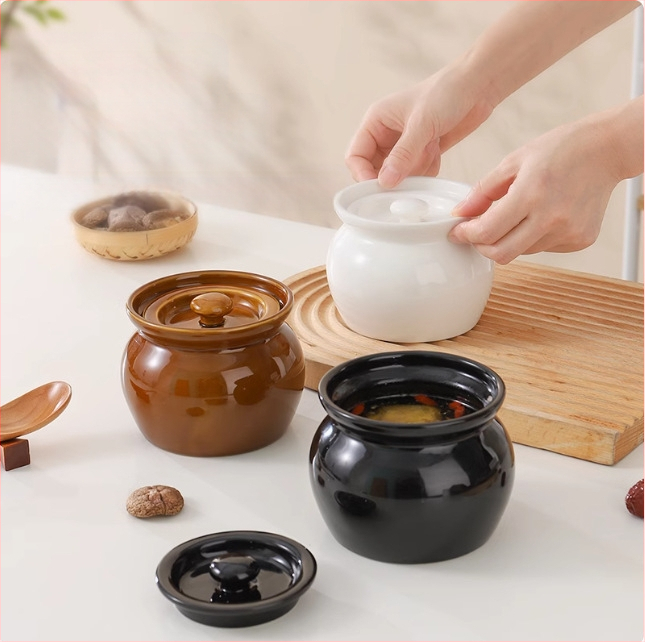 Keraminis molinis puodas sriubai, troškiniui skirtas puodelis namams, vandens atskyrimo troškintuvas vienam asmeniui su dangčiu, maistinės kokybės sriubos garinimo puodelis, sutirštintas keraminis puodas