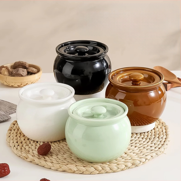 Keraminis molinis puodas sriubai, troškiniui skirtas puodelis namams, vandens atskyrimo troškintuvas vienam asmeniui su dangčiu, maistinės kokybės sriubos garinimo puodelis, sutirštintas keraminis puodas