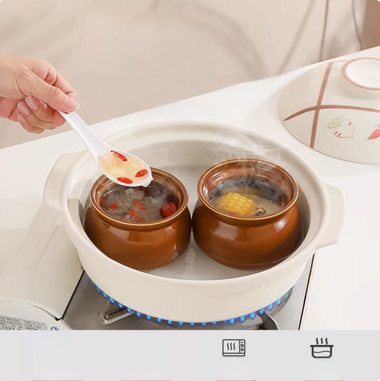 Keraminis molinis puodas sriubai, troškiniui skirtas puodelis namams, vandens atskyrimo troškintuvas vienam asmeniui su dangčiu, maistinės kokybės sriubos garinimo puodelis, sutirštintas keraminis puodas