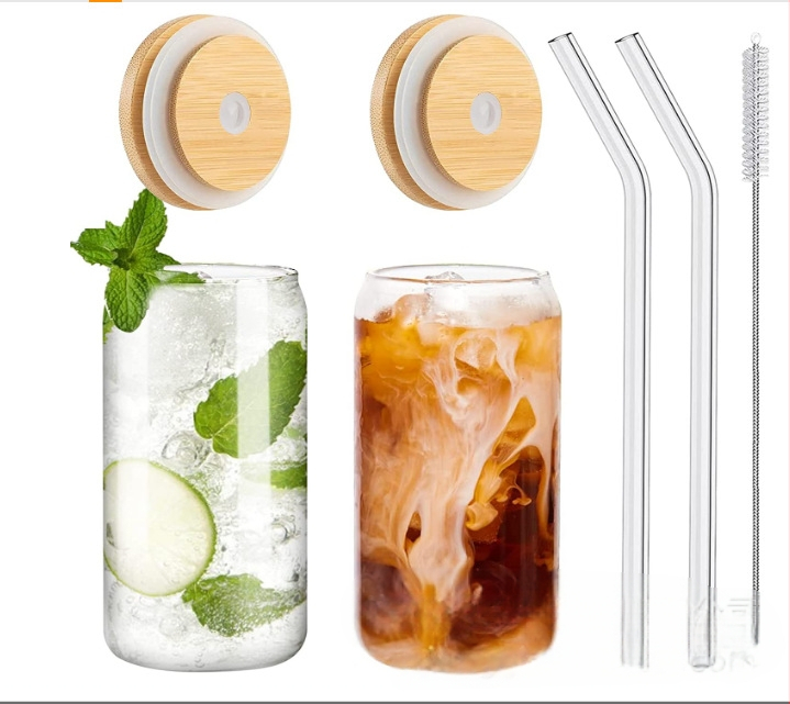 Γυάλινο κουτί 16oz με διαγώνια μπορντούρα, κούπα μπύρας Coca-Cola 20oz, Mason Cup με καπάκι από μπαμπού και ξύλο, σετ με καλαμάκια