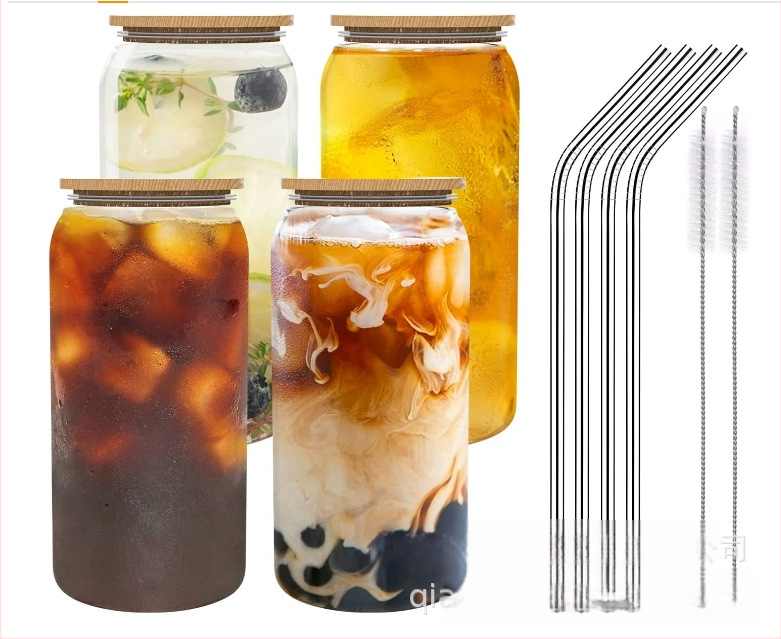 Γυάλινο κουτί 16oz με διαγώνια μπορντούρα, κούπα μπύρας Coca-Cola 20oz, Mason Cup με καπάκι από μπαμπού και ξύλο, σετ με καλαμάκια