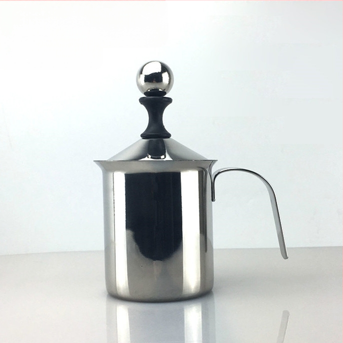 Kétrétegű rozsdamentes acél tejhabosító, kézi tejhabosító, tejszűrő, divatos kávé-cappuccino habosító