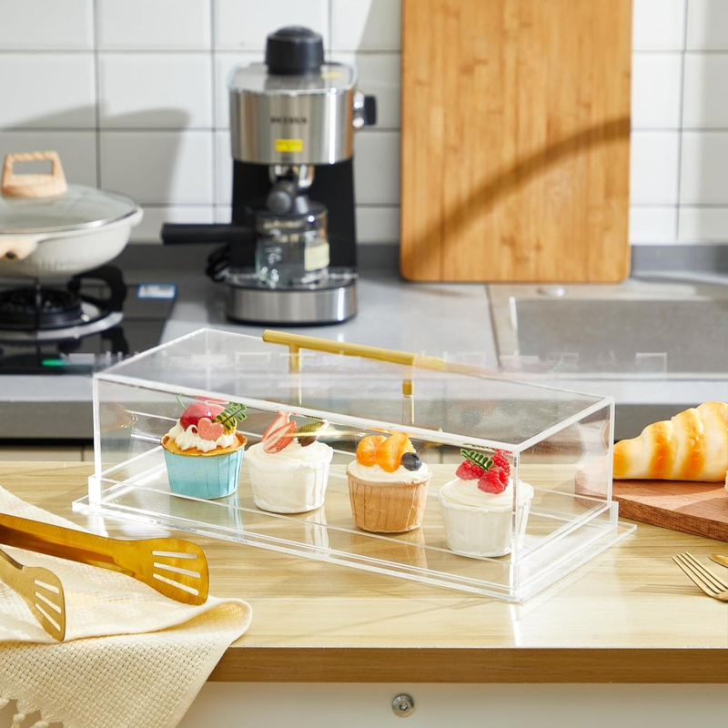 Akrilo duonos pyrago vitrina, permatoma stačiakampė serviravimo padėklas su dangčiu, vakarėlio stalviršio maisto laikymas