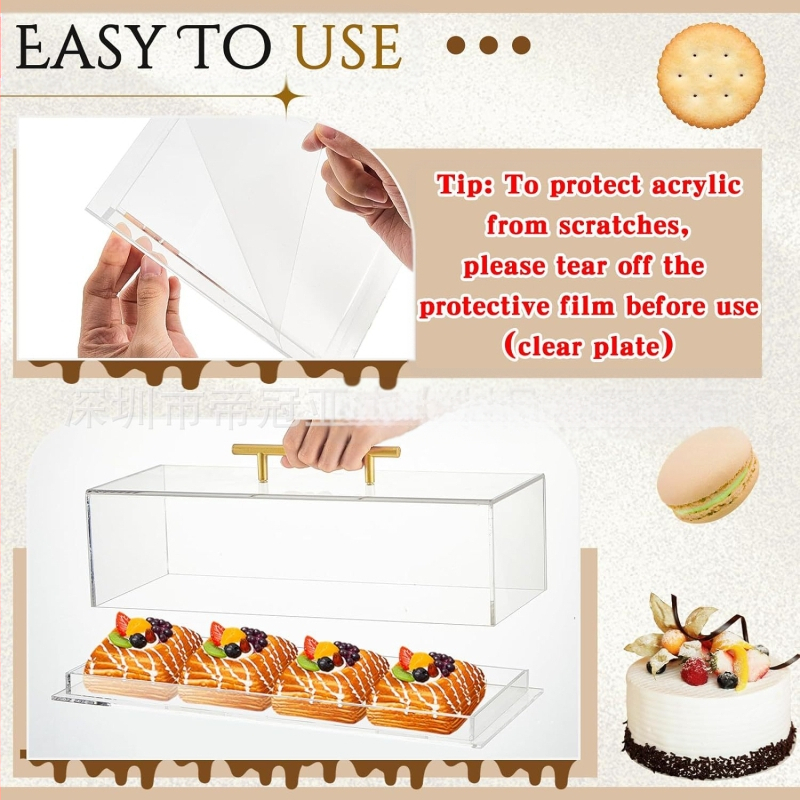 Akrilo duonos pyrago vitrina, permatoma stačiakampė serviravimo padėklas su dangčiu, vakarėlio stalviršio maisto laikymas