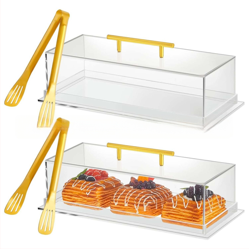 Akrilo duonos pyrago vitrina, permatoma stačiakampė serviravimo padėklas su dangčiu, vakarėlio stalviršio maisto laikymas