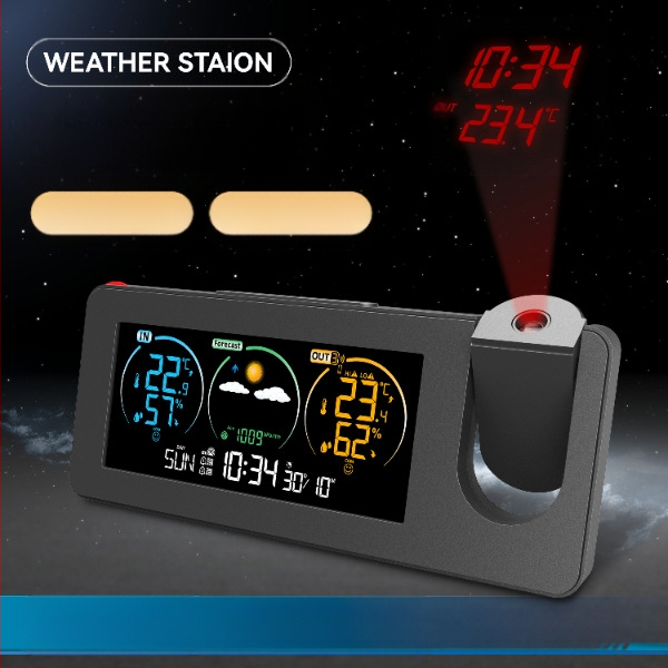 Ceas de proiecție electronic transfrontalier cu produs nou, calendar perpetuu, stație meteo, prognoză meteo, temperatură, umiditate, ecran color, ceas deșteptător digital