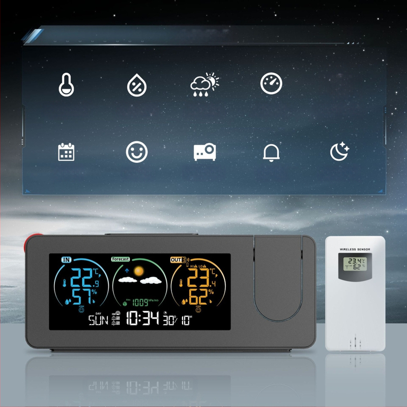 Ceas de proiecție electronic transfrontalier cu produs nou, calendar perpetuu, stație meteo, prognoză meteo, temperatură, umiditate, ecran color, ceas deșteptător digital