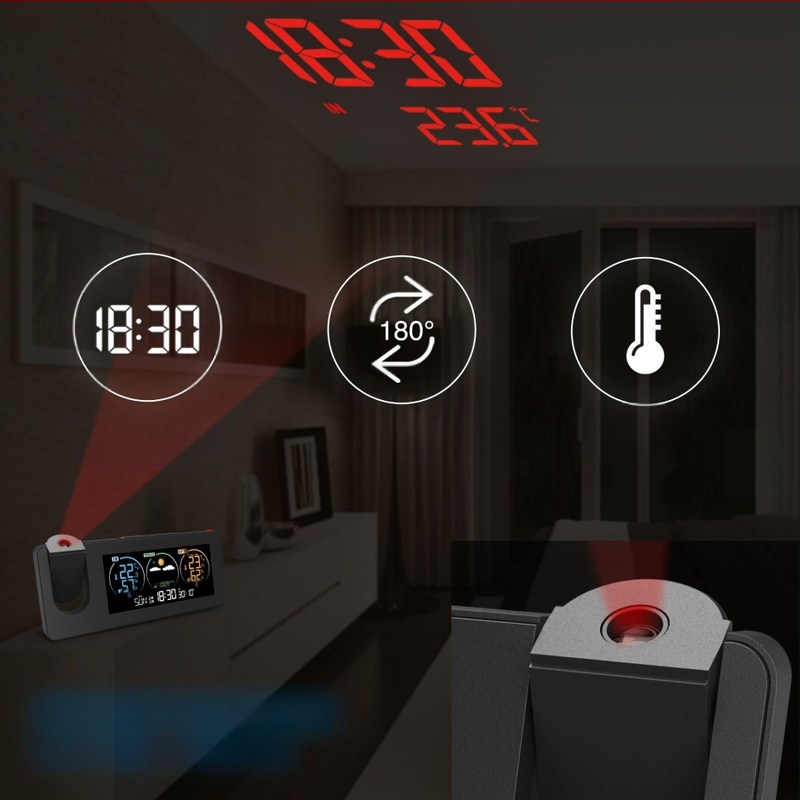 Ceas de proiecție electronic transfrontalier cu produs nou, calendar perpetuu, stație meteo, prognoză meteo, temperatură, umiditate, ecran color, ceas deșteptător digital