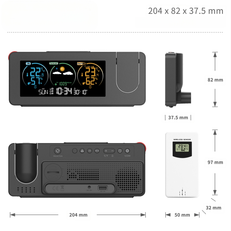 Ceas de proiecție electronic transfrontalier cu produs nou, calendar perpetuu, stație meteo, prognoză meteo, temperatură, umiditate, ecran color, ceas deșteptător digital