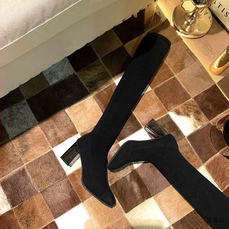 Harisnyák Csizmák Szögletes orrú Karcsú csizmák Női hosszú kötött gyapjú rugalmas zoknik Csizmák Vastag sarkú Magas sarkú térdig érő hosszú csizmák