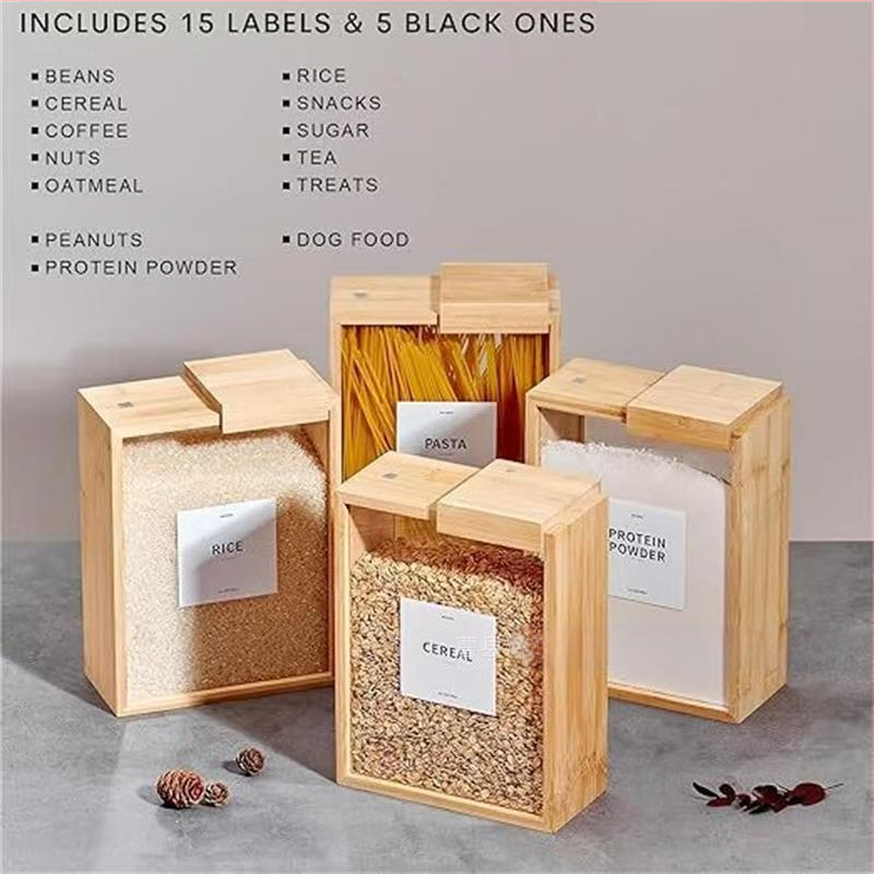 Bambusz csúszó gabonatároló doboz Háztartási gabonatároló doboz Fa tésztadoboz Ételadagoló