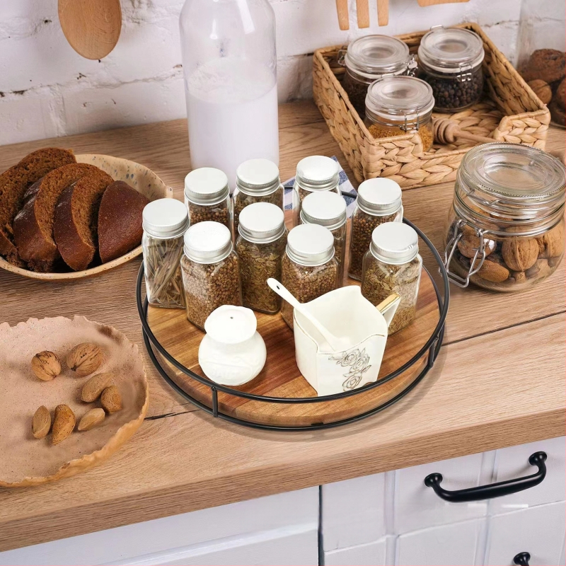 Puidust pöörlev kandik akaatsiapuust rauast hoiualus ümmargune köögimaitseainepudelite alus täispuidust Susan-alus