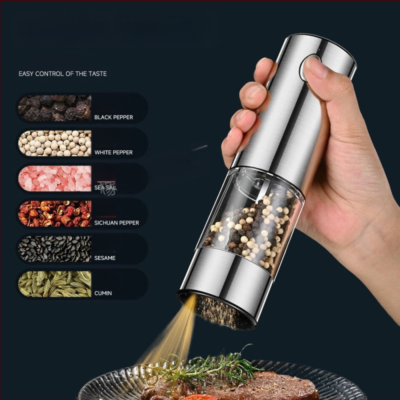 Elektrinis pipirų malūnėlis iš nerūdijančio plieno, šviežiai malti pipirai, rankinis pipiras, jūros druska, automatinis juodųjų pipirų malimas namams ir virtuvei