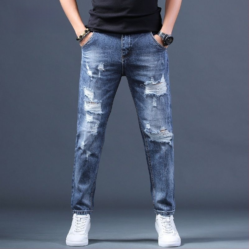 Férfi szakadt farmernadrág, japán stílusú, laza, kék, rövidített, koreai változat, hárem, sármos nadrág, sokoldalú, hosszú nadrág, divatos márka