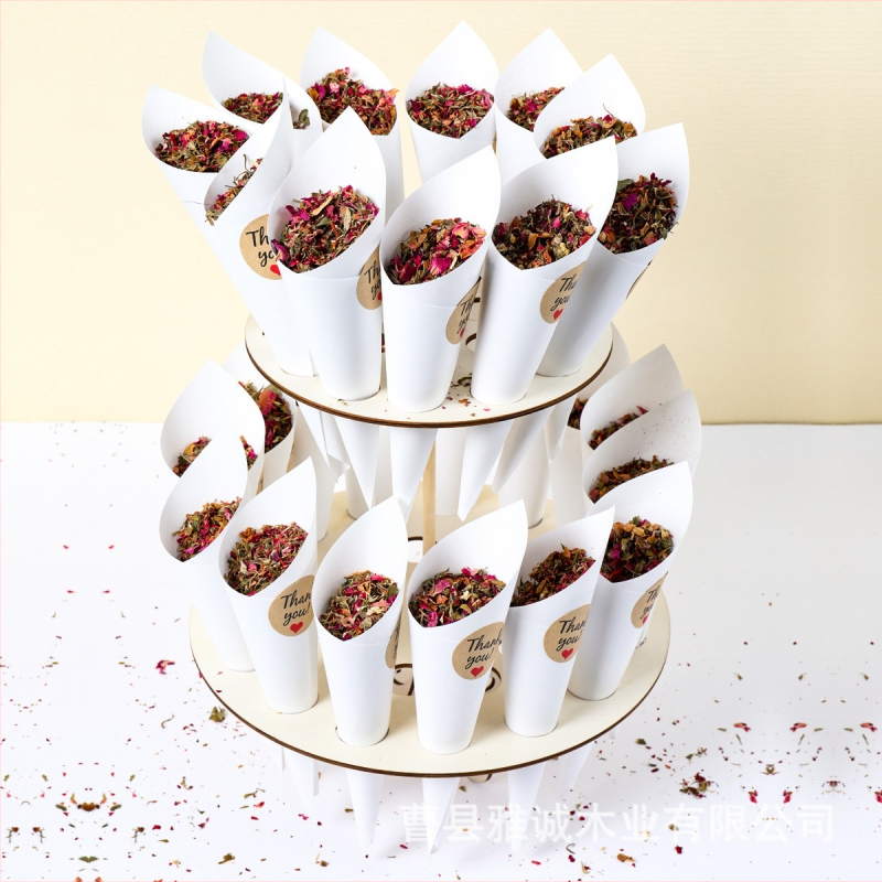 Kūrybingas medinis dvisluoksnis kūgio formos laikymo stovas kiaušinių ritinėlių torto vamzdelio ekspozicijos stovas vestuvių žiedlapių konfeti vamzdelio laikiklis