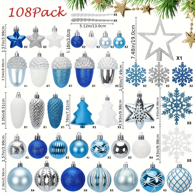 Kalėdinis 108 vnt. dovanų dėžučių rinkinys, eglutės viršūnėlė, žvaigždė, angelas, snaigė, plastikiniai dažyti kalėdiniai rutuliukai, papuošalai