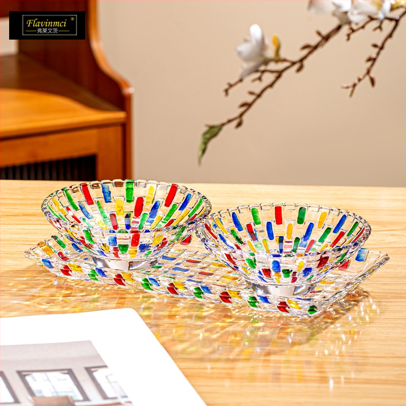 Színes üveg aszalt gyümölcstányér festett rattan csíkos tálca üvegtál desszertes tál háztartási nappali dohányzóasztal gyümölcstányér