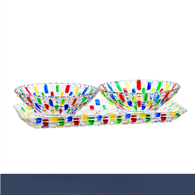 Színes üveg aszalt gyümölcstányér festett rattan csíkos tálca üvegtál desszertes tál háztartási nappali dohányzóasztal gyümölcstányér