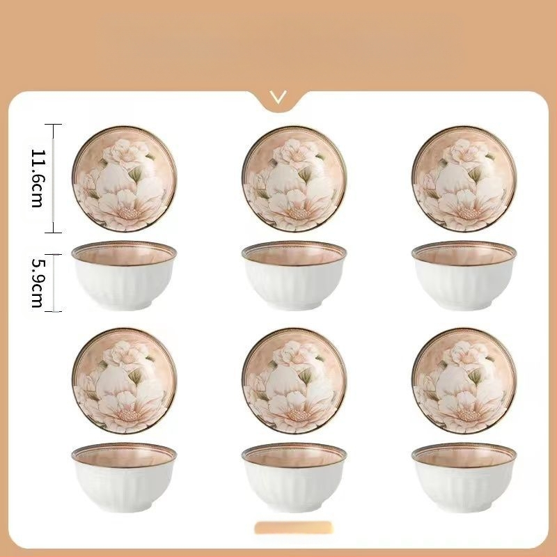 Керамични съдове Домакински съд с висока цветна стойност Камелия Подглазурна купа за ориз Супа Чиния Диск Керамични съдове за хранене костюм