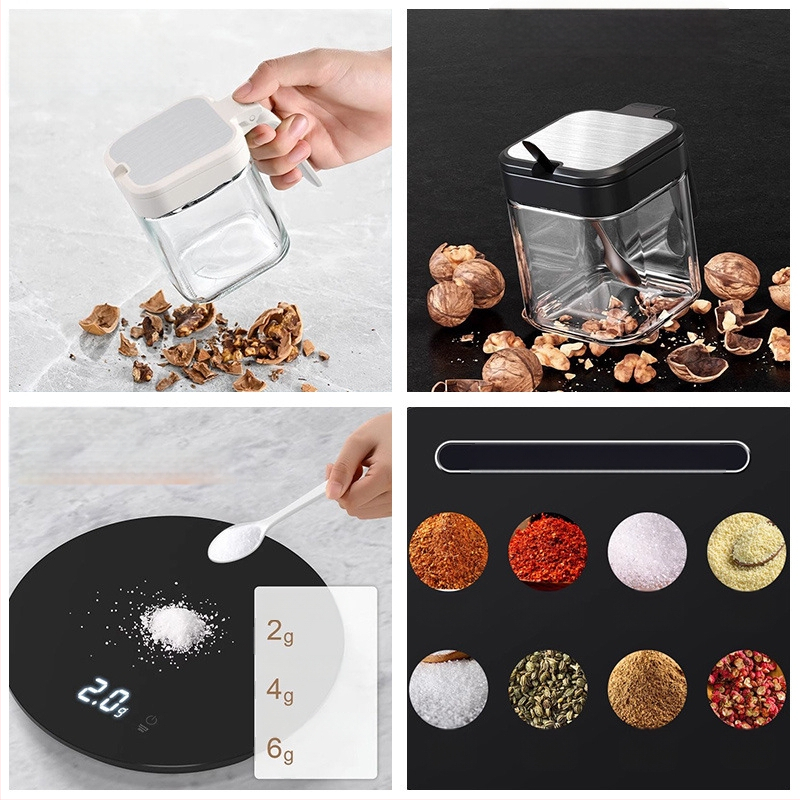 Virtuvės laikymo prieskonių indelis, stiklinis druskos indelis, prieskonių indelis, buitinė prieskonių druska, MSG prieskonių dėžutė