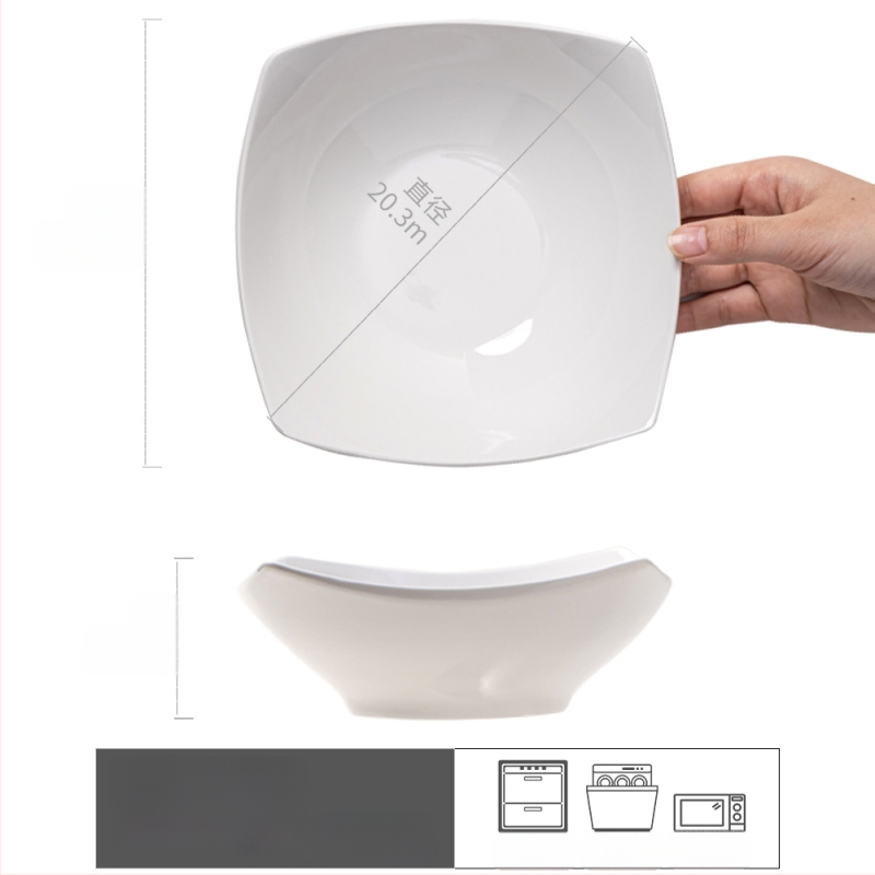 Puhasvalge lihtne ruudukujuline keraamiline ruudukujuline taldrik, disainiga erikujuline kauss, majapidamisnõude taldrik, puuviljasalati taldrik