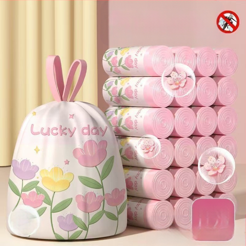 Frissített illatos szemeteszsák műanyag zacskó nyomtatott húzózsinóros zacskó háztartási hordozható automatikus záródás