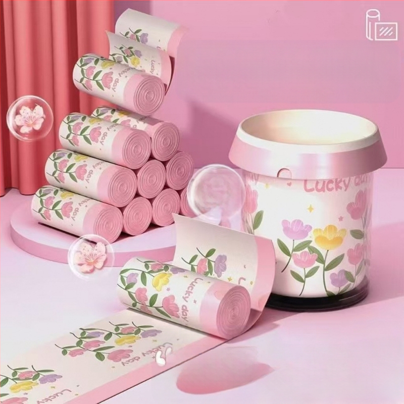 Frissített illatos szemeteszsák műanyag zacskó nyomtatott húzózsinóros zacskó háztartási hordozható automatikus záródás