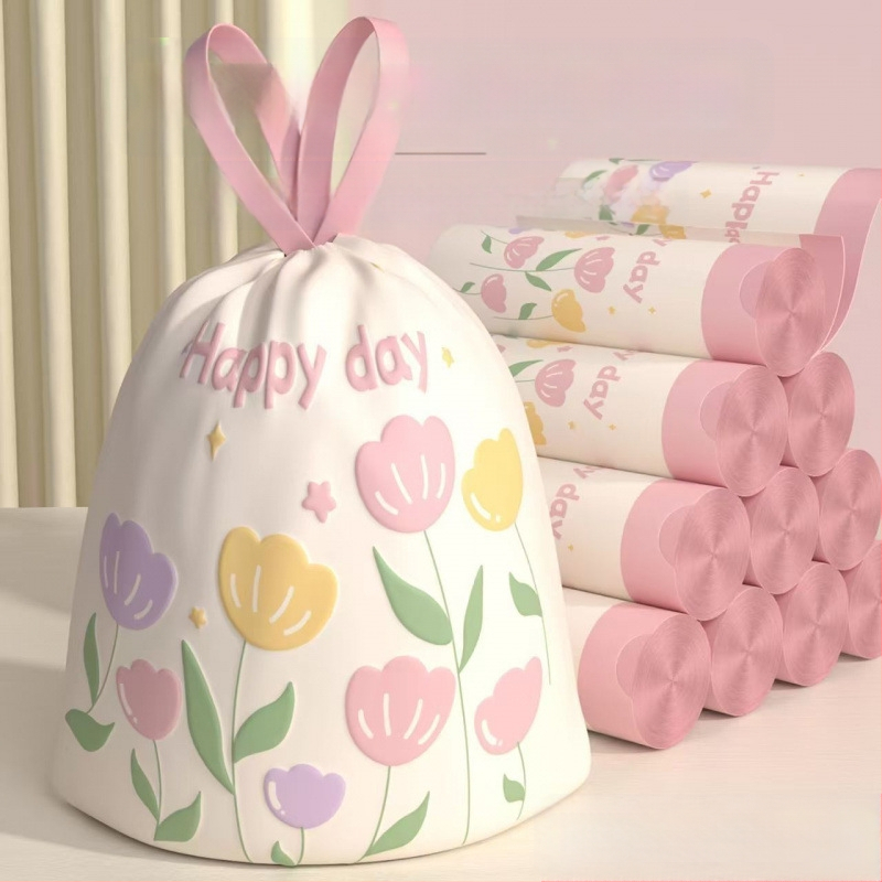 Frissített illatos szemeteszsák műanyag zacskó nyomtatott húzózsinóros zacskó háztartási hordozható automatikus záródás