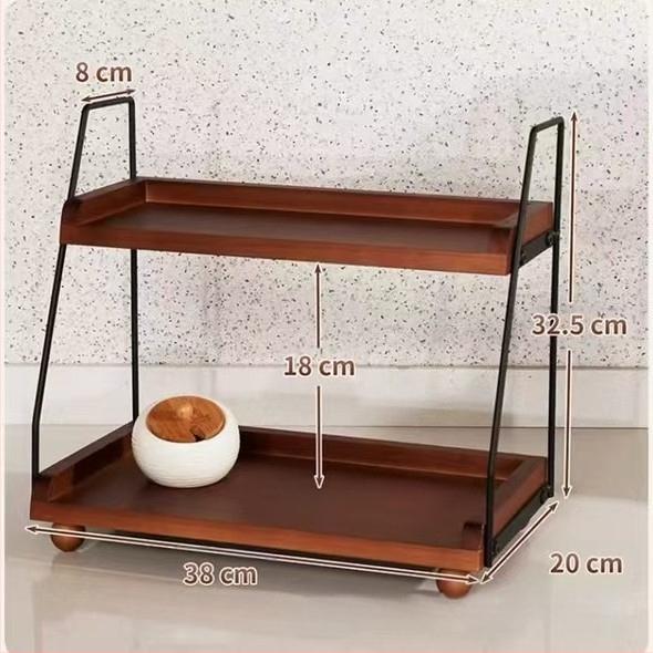 Fa asztali tárolóállvány Retro kétrétegű tárolóállvány Vasfa kávétároló állomás Teaszoba tömörfa tárolóállvány