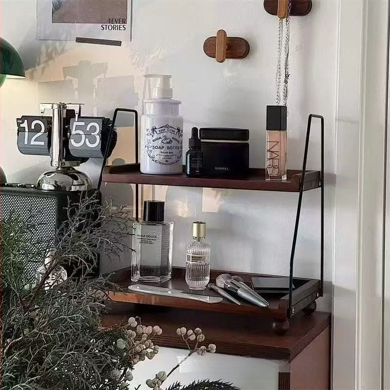 Fa asztali tárolóállvány Retro kétrétegű tárolóállvány Vasfa kávétároló állomás Teaszoba tömörfa tárolóállvány