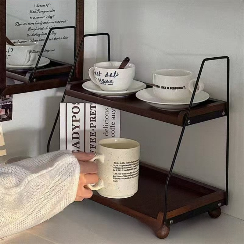 Fa asztali tárolóállvány Retro kétrétegű tárolóállvány Vasfa kávétároló állomás Teaszoba tömörfa tárolóállvány