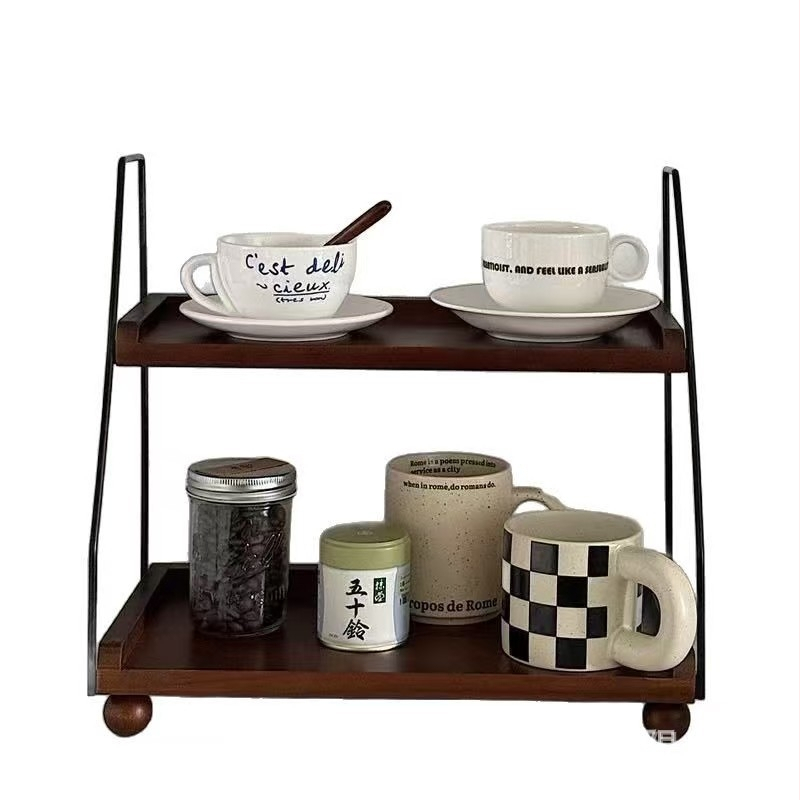 Fa asztali tárolóállvány Retro kétrétegű tárolóállvány Vasfa kávétároló állomás Teaszoba tömörfa tárolóállvány
