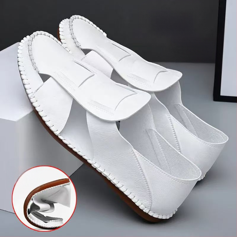 Új kínai stílusú férfi valódi bőr szandál, lélegző, fehér, divatos, sokoldalú római szandál gumitalppal