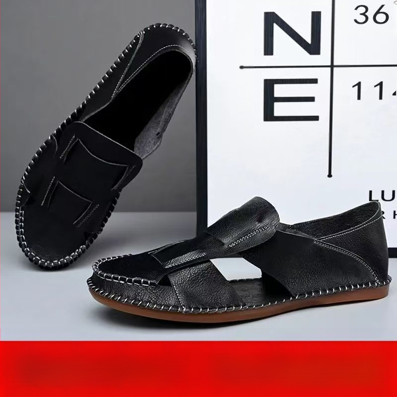 Új kínai stílusú férfi valódi bőr szandál, lélegző, fehér, divatos, sokoldalú római szandál gumitalppal