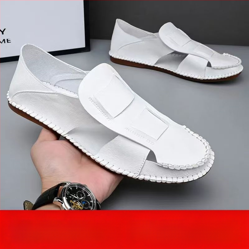 Új kínai stílusú férfi valódi bőr szandál, lélegző, fehér, divatos, sokoldalú római szandál gumitalppal