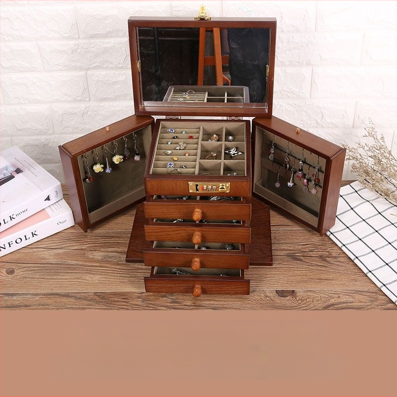 Slaptažodžiu užrakinami auskarai, auskarai, karoliai, laikymo dėžutė, didelės talpos papuošalų dėžutė, paprasta retro organizavimo dėžutė, medinė