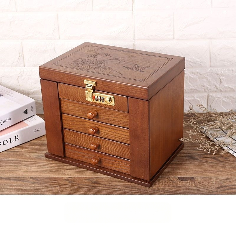 Slaptažodžiu užrakinami auskarai, auskarai, karoliai, laikymo dėžutė, didelės talpos papuošalų dėžutė, paprasta retro organizavimo dėžutė, medinė